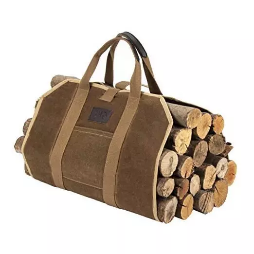 BHD Firewood Fireplace Carrier Logs Tote Holder 20 oz Waxed Canvas Sturdy Brown