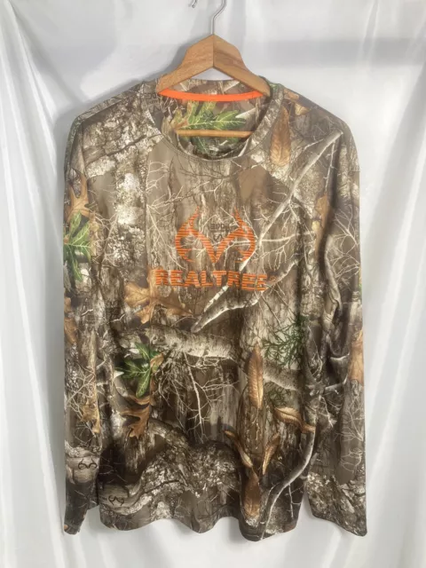 Real Tree Mens Shirt Camo XL Pullover Long Sleeve Green Brown Orange Logo