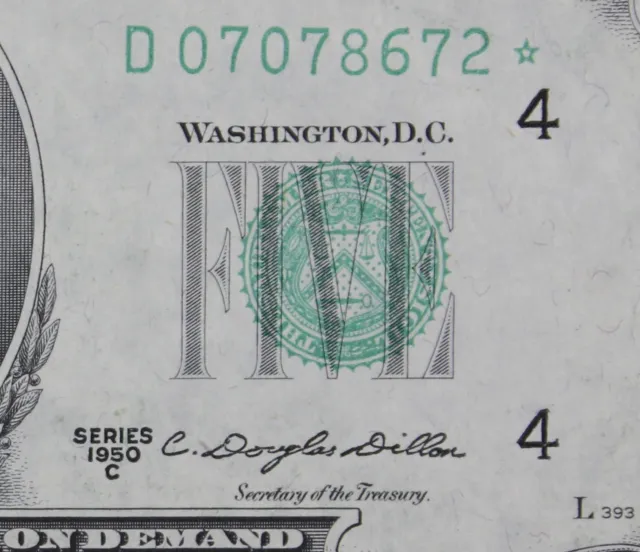 $5 1950C Star Gem CU Federal Reserve Note D07078672* series C five $ Cleveland