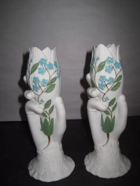 Antique Parian Hand Vases With Hand Painted Blue Flowers 7 1/2" Tall