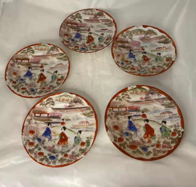 Antique Hand painted Japanese Satsuma Plates Eggshell Porcelain 6"  Set of 5