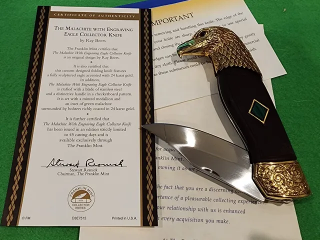 Franklin Mint " Malachite with Engraving Eagle Collector  knife " by Ray Beers