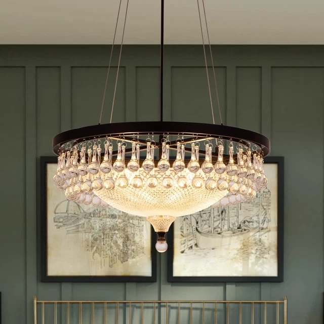 Wellmet Modern Black Crystal Chandelier, Drum 4-Light Crystal Droplet Chandelier