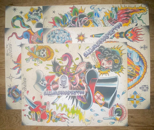Lote flash de 5 hojas de tatuaje ""Brian Bruno"" de principios de la década de 2000!