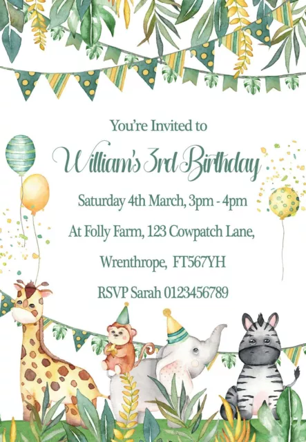 Personalised Jungle animal invitations Birthday Party invites + Envelopes  x12