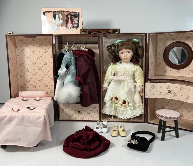 Cracker Barrel Rare Vintage Porcelain Doll Trunk Armoire with Murphy Bed