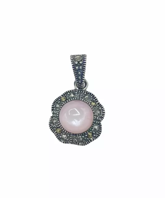 Sterling Silver 925 Marcasite Gemstone Centered W/ Rose Quartz Gemstone Pendant