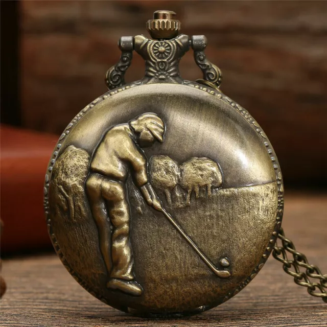 Retro Bronze 3D Golf Design Men Women Quartz Pocket Watch Necklace Chain Gifts