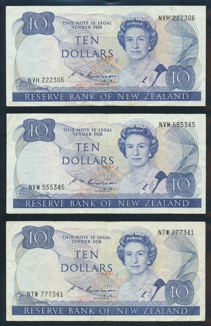 New Zealand: 1985 $10 QEII sign  Russell SCARCE TRIO "LUCKY NOS 222, 555 & 777".
