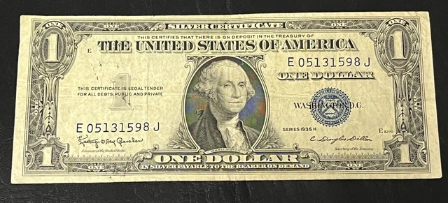 1935 H $1 BILL SILVER CERTIFICATE BLUE SEAL  Vintage USA Currency #1598J