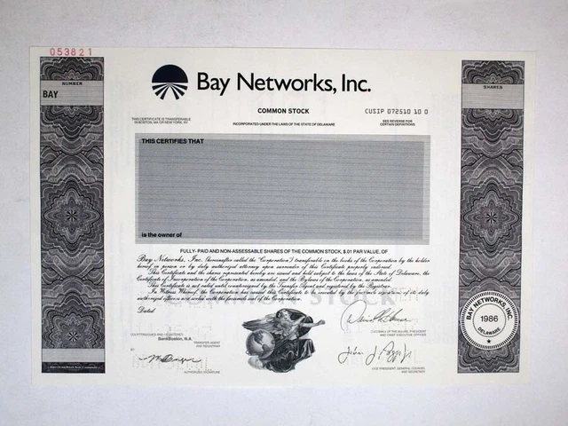 Bay Networks, Inc., 1997. Specimen Stock Cert., XF-AU. ABNC