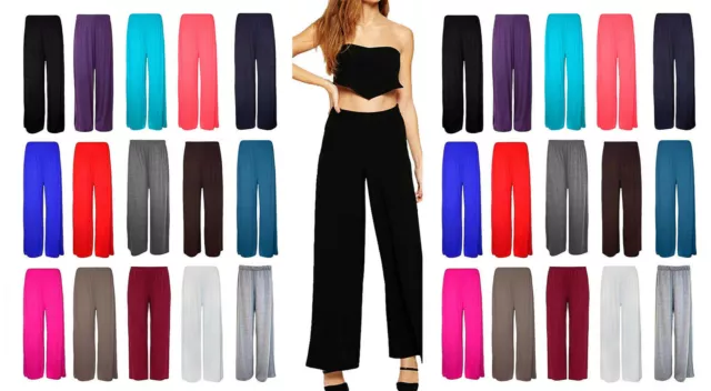 Ladies Womens Plain Palazzo Trousers Baggy Wide Leg Flared Pants 8-26