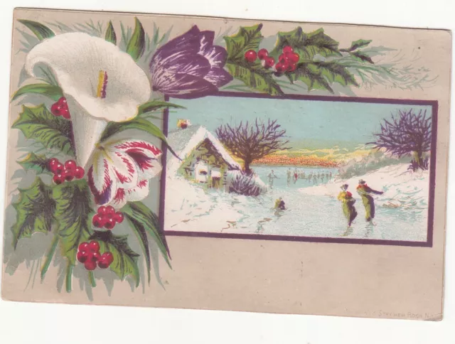 Winter Ice Skating White Flower Red Berries  No Advertising Card c1880s