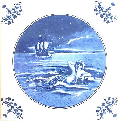 Mermaid Adrift Blue Delft Design Ceramic Tile Blue 4.25" x 4.25 Vintage Corners