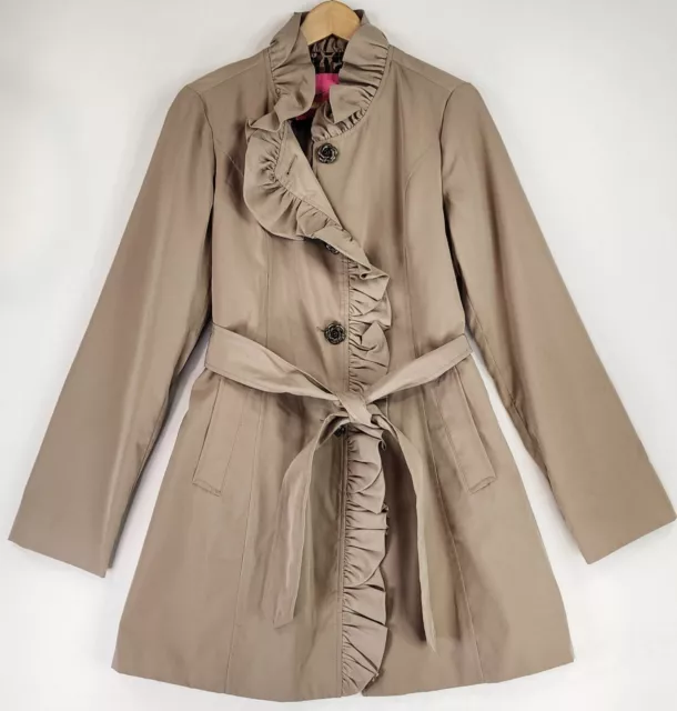 Betsey Johnson Jacket Womens Large Beige Ruffled Belted Button Up Trench Coat