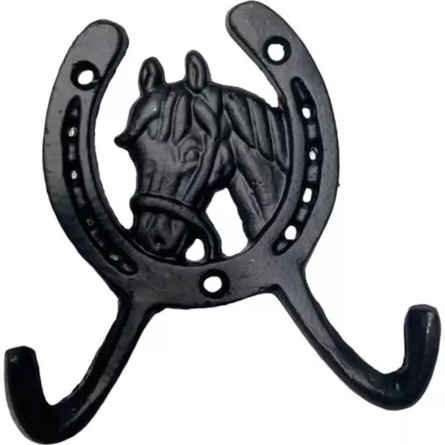 Horse Head and Horse Shoe Cast Iron 2 Wall Hooks Handcrafted Antique Black