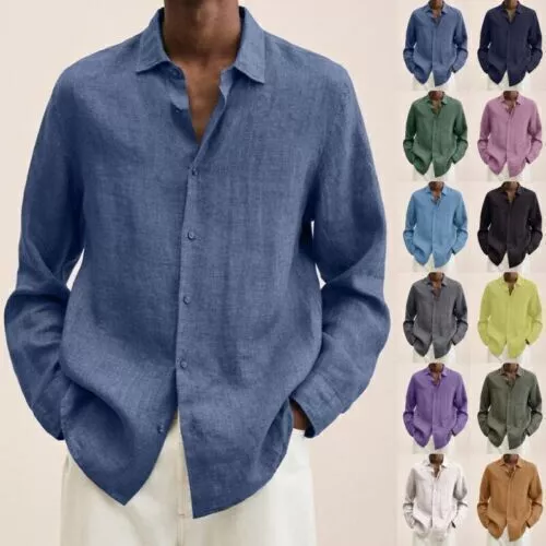 Mens Long Sleeve Cotton Linen Shirt Solid Baggy Button-down Tops Blouse T Shirt
