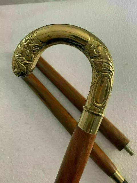 Antique Brass Handle Wooden Walking Stick Cane Vintage Victorian Style Handmade