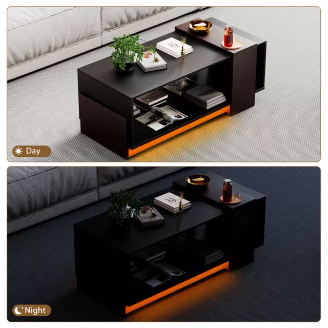 2 Tier Coffee Table with LED Lights Walnut Decor Cocktail Table Living Room Wood 3