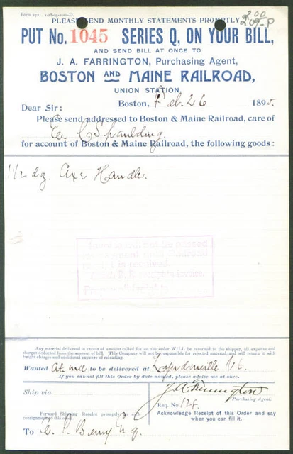 Boston & Maine Railroad axe handle purchase order 1895