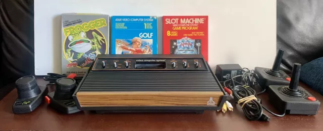 Genuine Vintage Atari 2600 Woody Console W/Games, Controls, Paddles Av Cables