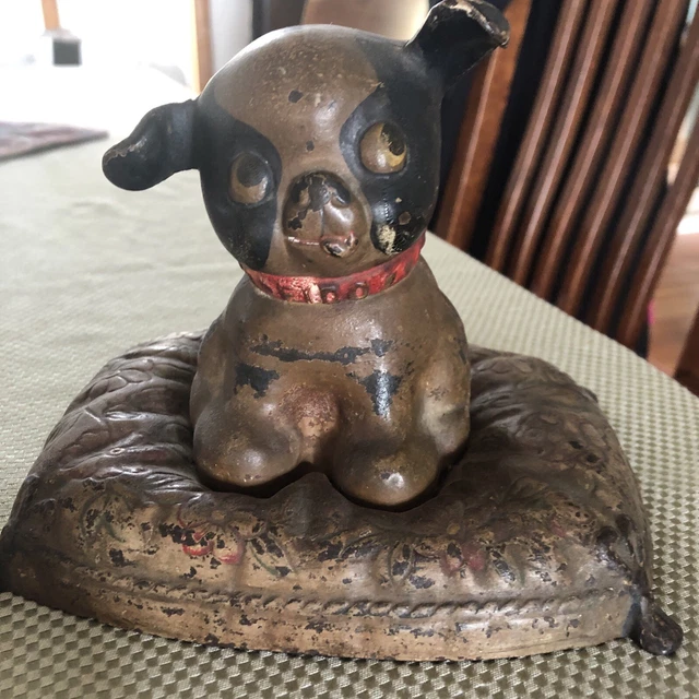 Antique Hubley Cast Iron Fido On Cushion Bank/ Doorstop