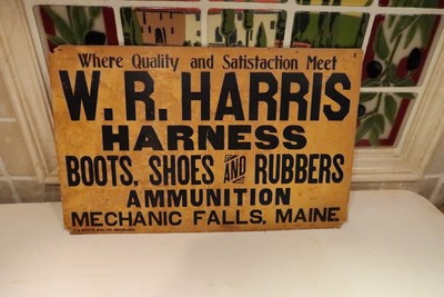 ANTIQUE HARNESS MAKER TRADE SIGN ORIGINAL c 1900 CARDBOARD ,MECHANIC FALLS,MAINE