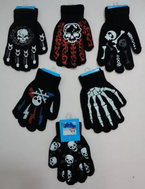 1 Pair Knit Gloves Childrens Kids Boys Skull Skeleton Flames Bones Winter Gloves