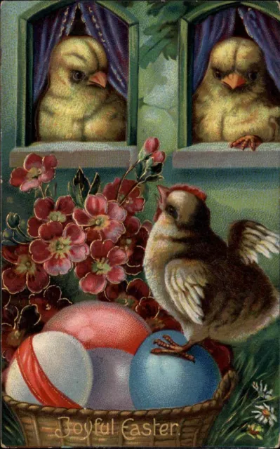 Easter Fantasy Chicks in Windows Colored Eggs c1910  Vintage Postcard