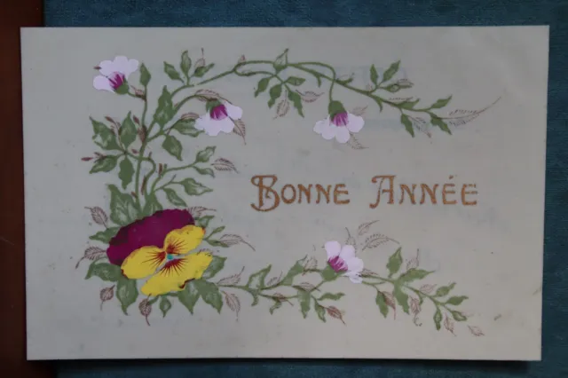 CPA carte postale ancienne fantaisie vers 1900 celluloïd aquarelle bonne Année