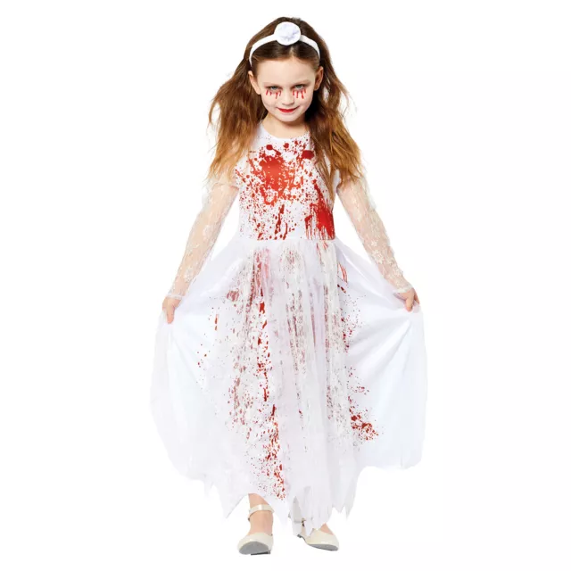 Childs Zombie Bloody Bride Fancy Dress Halloween Costume Girls Kids Prom Queen