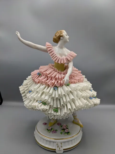 1918s Large German Sitzendorf Porcelain Lace Figurine Ballet Dancer  10" Rare