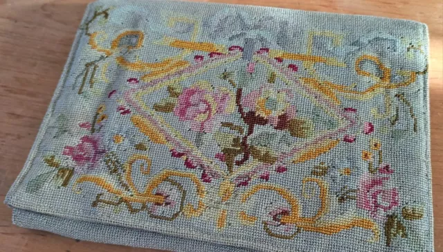Vintage 30's clutch vanity purse floral needlepoint tapestry + mirror & pocket