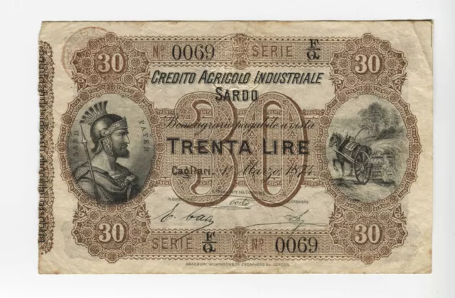 Banconota 30 Lire Credito Agricolo Industriale Sardo 1 Marzo 1874