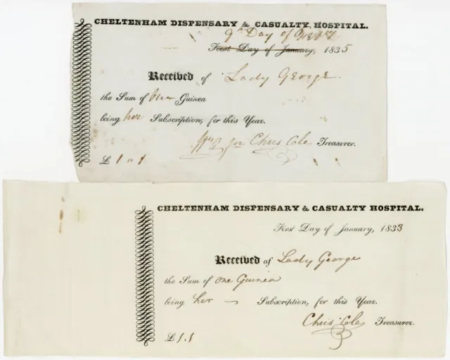 1833 + 1835 Cheltenham Dispensary Casualty Hospital Printed Receipts Lady George