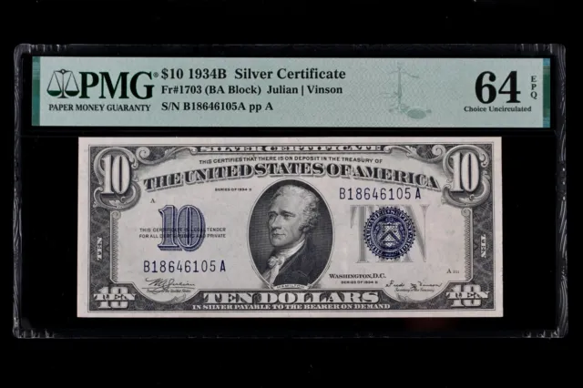 KEY $10 1934B PMG 64 EPQ Silver Certificate B18646105A series B ten $, Fr#1703