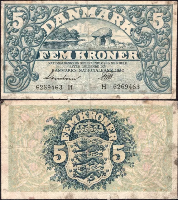 5 Kroner 1942 - Prefix H - Series: 6269463 - Denmark - Pick:30g  -"G" - C44