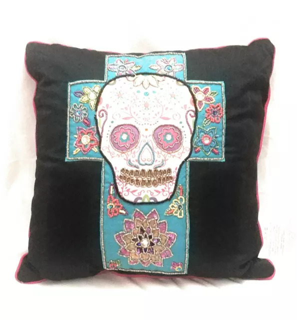 Dia De Los Muertos Pillow Applique Embellished Cross Intricate Hand Beading