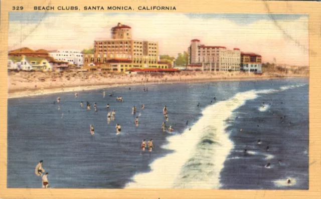 Santa Monica Beach Club Pacific Ocean California Aerial View Linen Postcard