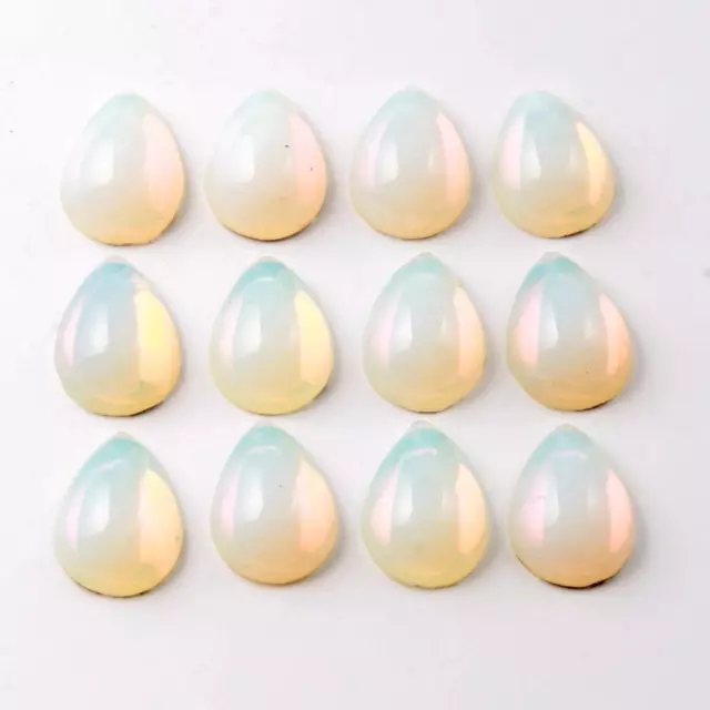 Lot (12) Czech vintage foiled opaline teardrop glass cabochons 13x10mm