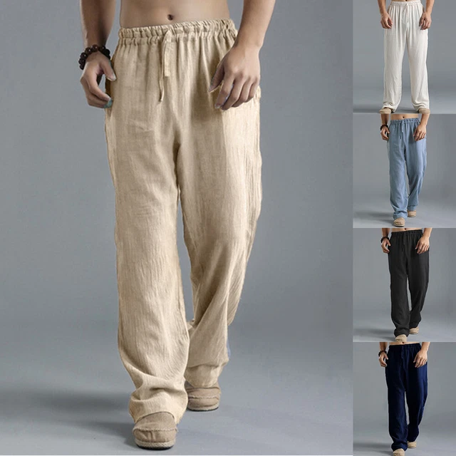 Mens Solid Cotton Linen Baggy Long Pants Casual Loose Beach Buttoms Trousers US