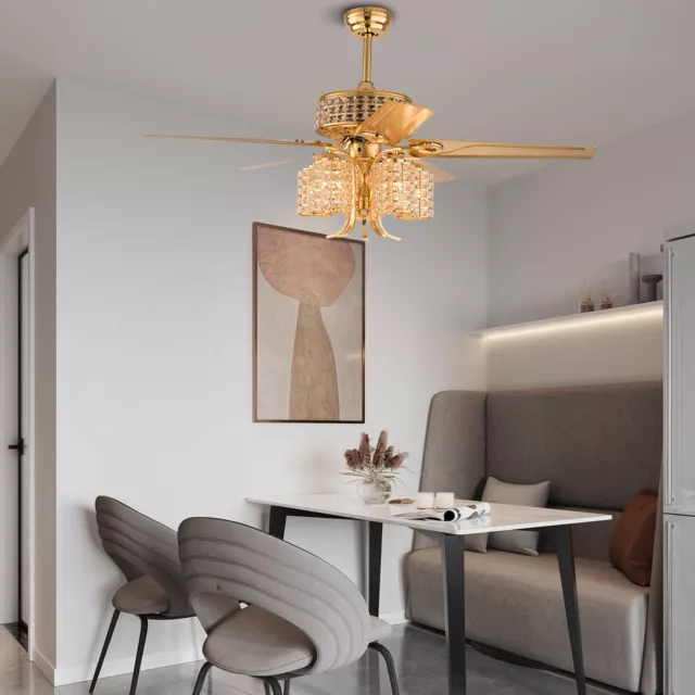 52" Modern Ceiling Fan Light 5-Blade Fan Lamp Crystal Chandelier+Remote Control