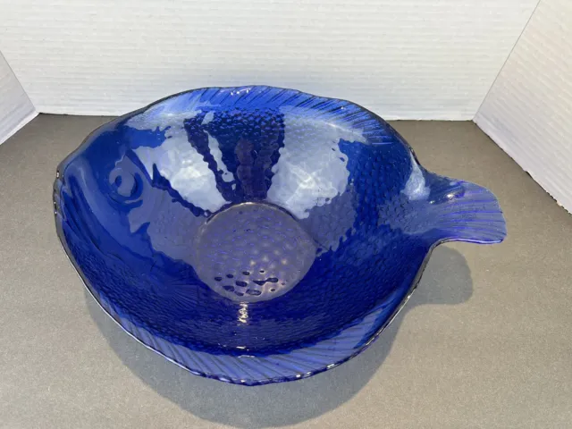 Vintage Glass Cobalt Blue Arcorac Fish Shaped Textured Serving Bowl