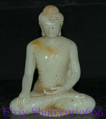6" Old Chinese White Jade Carved Feng Shui Shakyamuni Amitabha Buddha Statue