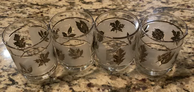 SET OF 4 Libby Lowball/Milk/Juice/Cocktail Glass Frosted Leaves Silver Trim