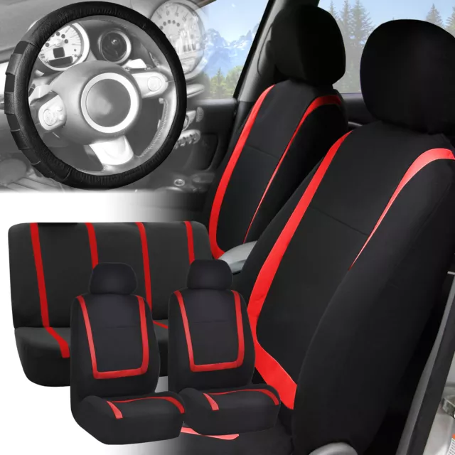 Car Seat Covers Red Black Full Set for Auto w/Black Leather Steering Cover