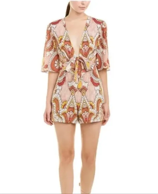 BCBG Maxazria Romper Paisley Medallion V Neck Womens S Blush Pink Brown Red NWOT