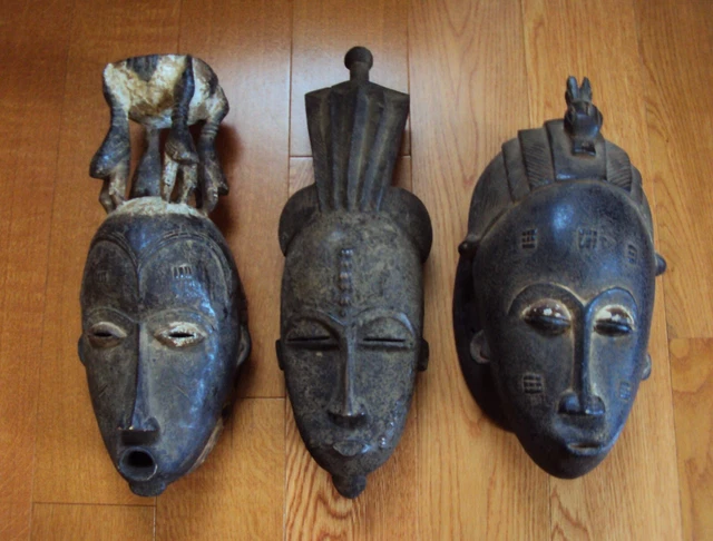 3PCS RARE ANTIQUE ROYAL YOHURE Yaure  BAULE MASKS Libation Bowl Antelope African