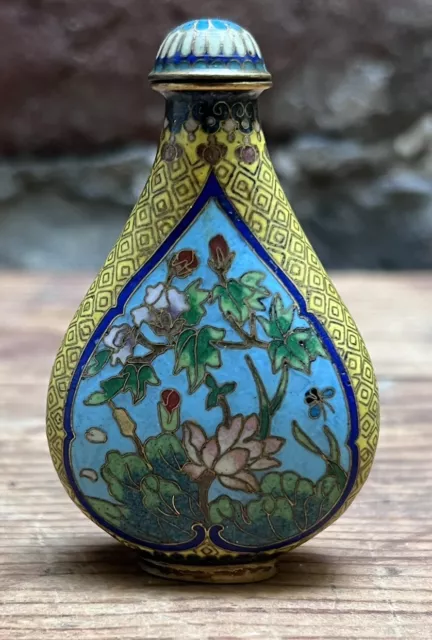 Chinese Cloisonné Snuff Bottle, Antique, Flower Cartouches Yellow Ground, 7 cm.