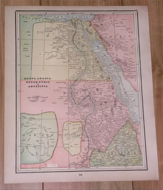 1895 Antique Map Of Egypt Sudan Nile River Africa Verso Iran Persia Afghanistan